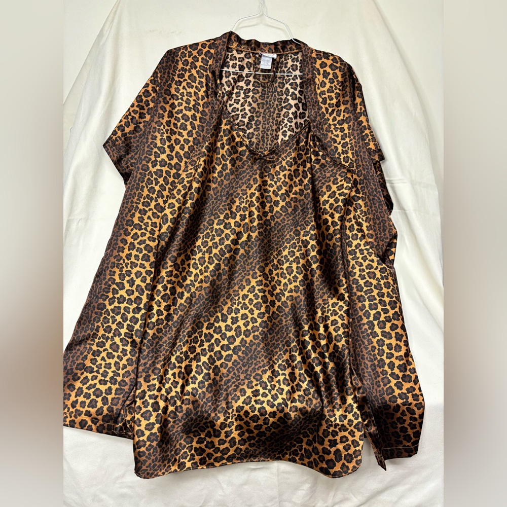 Leopard Print Satin Nightgown with Matching Robe Set